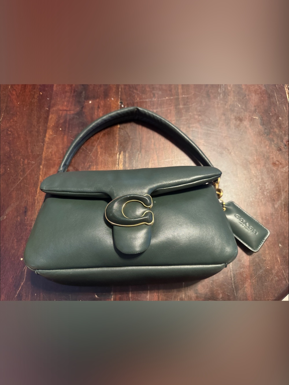 Coach Dark Green Leather Shoulder Bag with Gold Hardware and Crossbody Strap